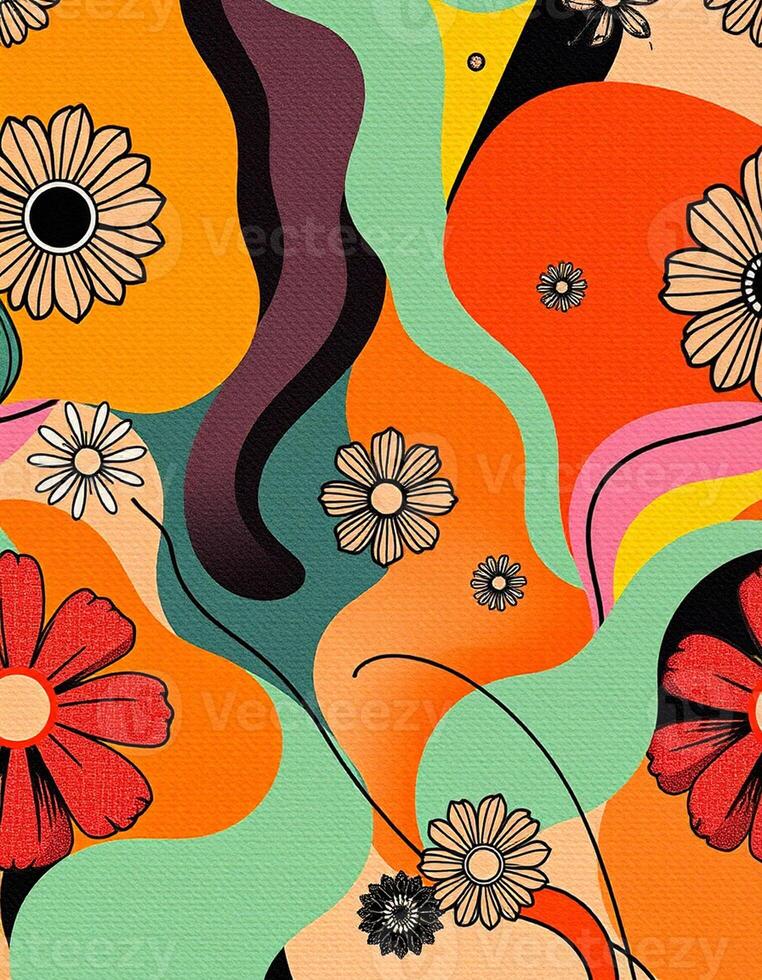A colorful pattern with flowers and other shapes photo