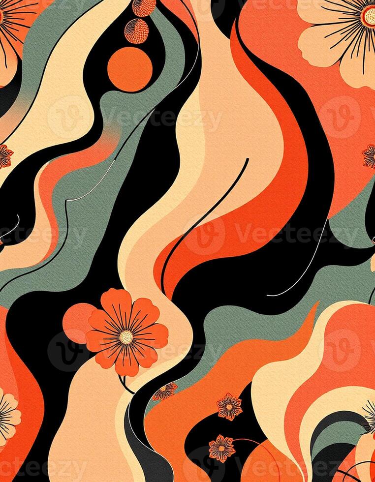 A colorful abstract pattern with flowers and wavy lines photo