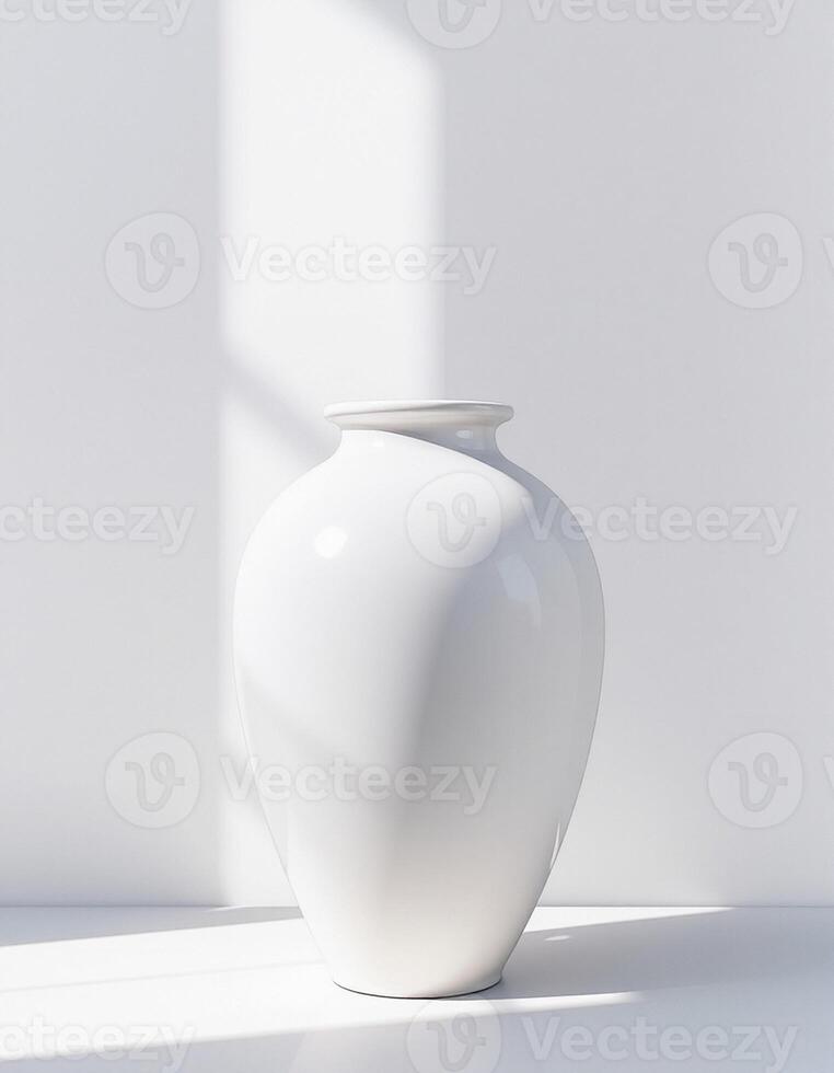 A white vase sitting on a table in front of a window photo