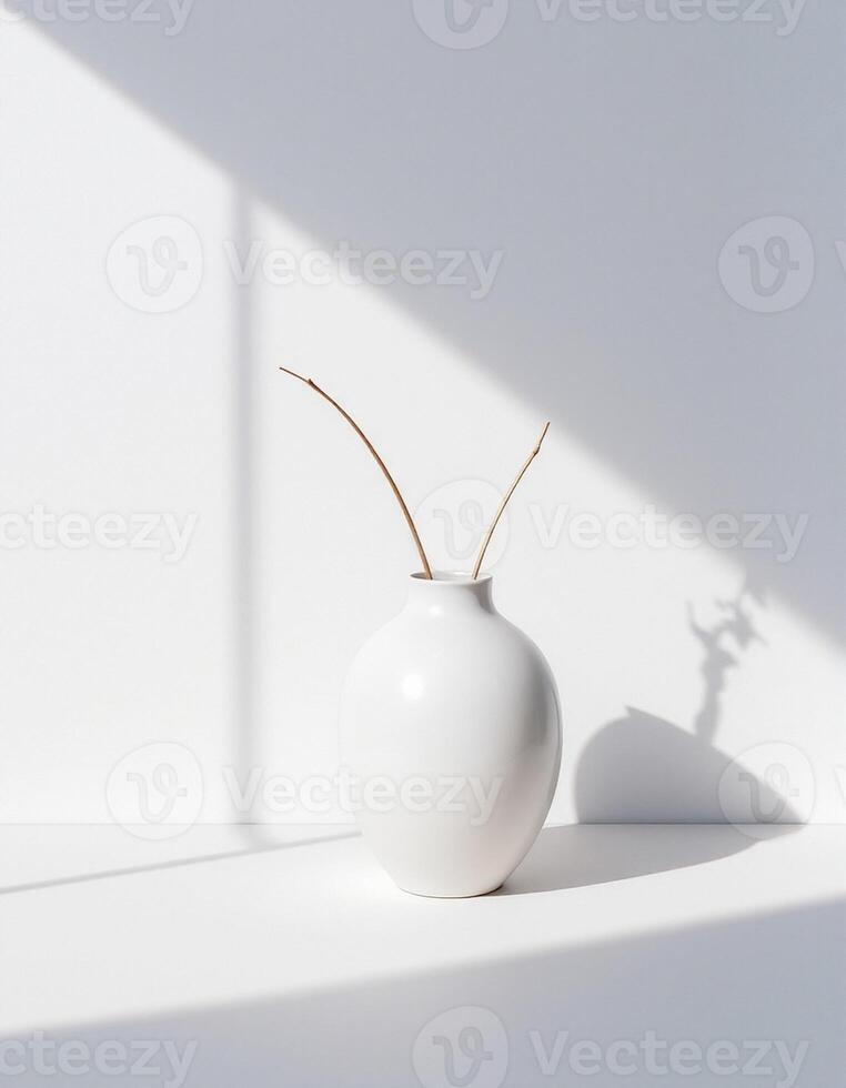 A white vase with a branch in front of a window photo