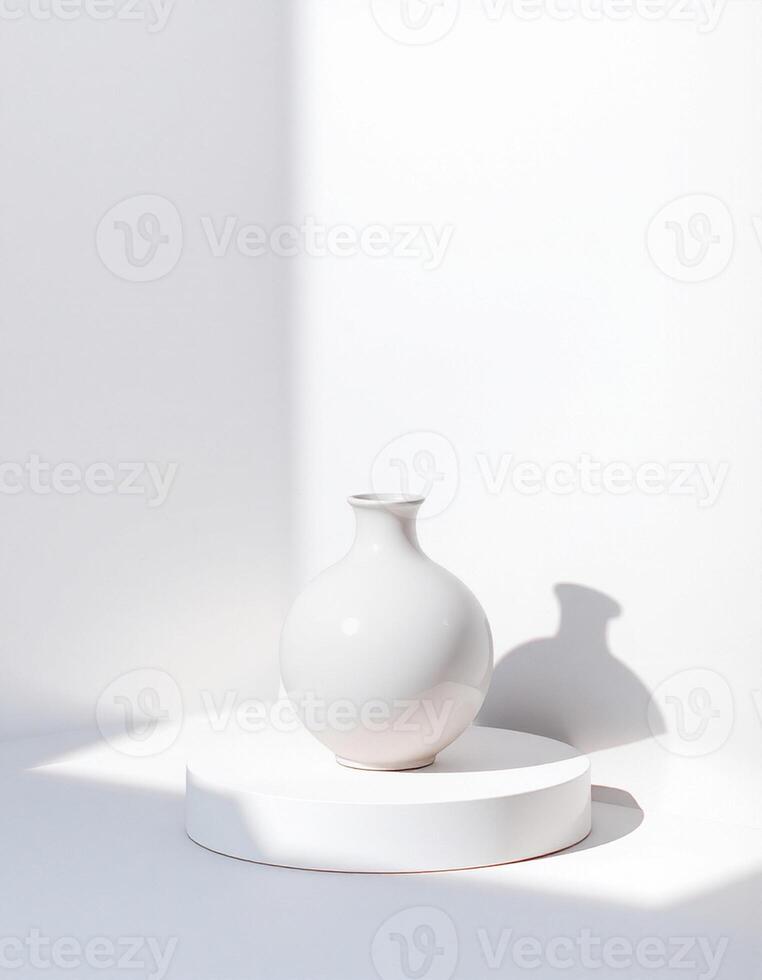 A white vase sitting on a white pedestal photo