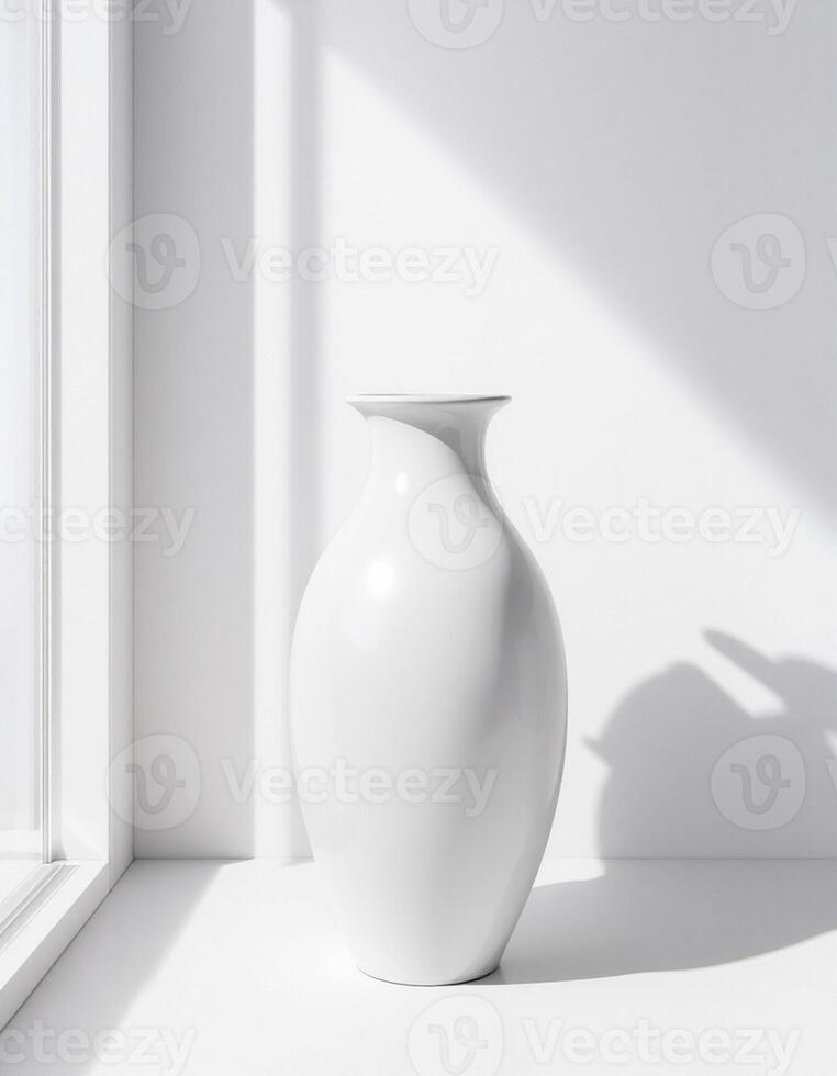 A white vase sitting on a white table near a window photo