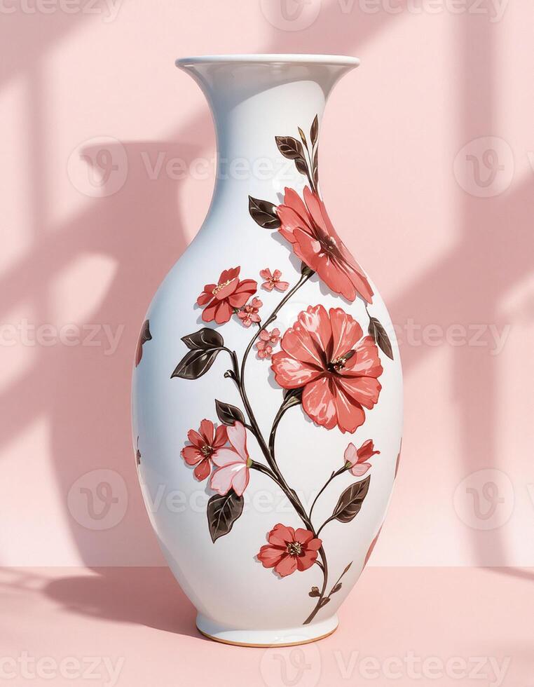 Asian Floral Porcelain Vase with Pink Accents photo