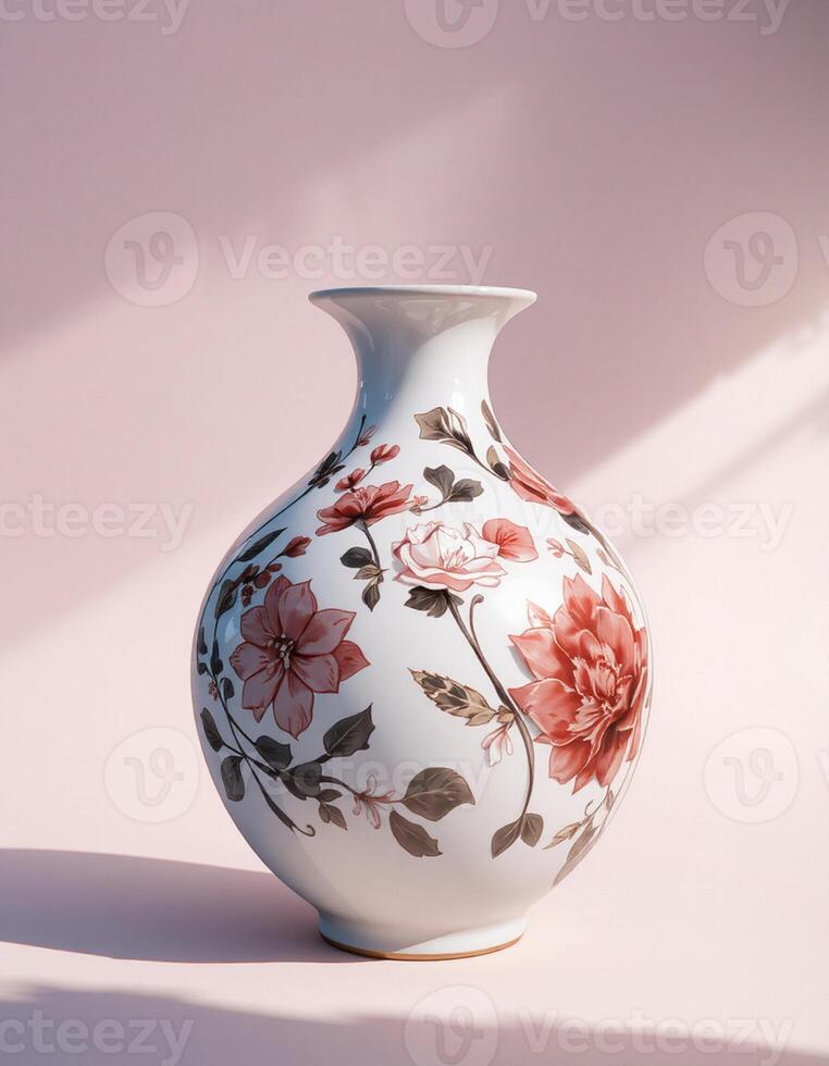 Hand-Painted Garden Vase with Coral Flowers photo