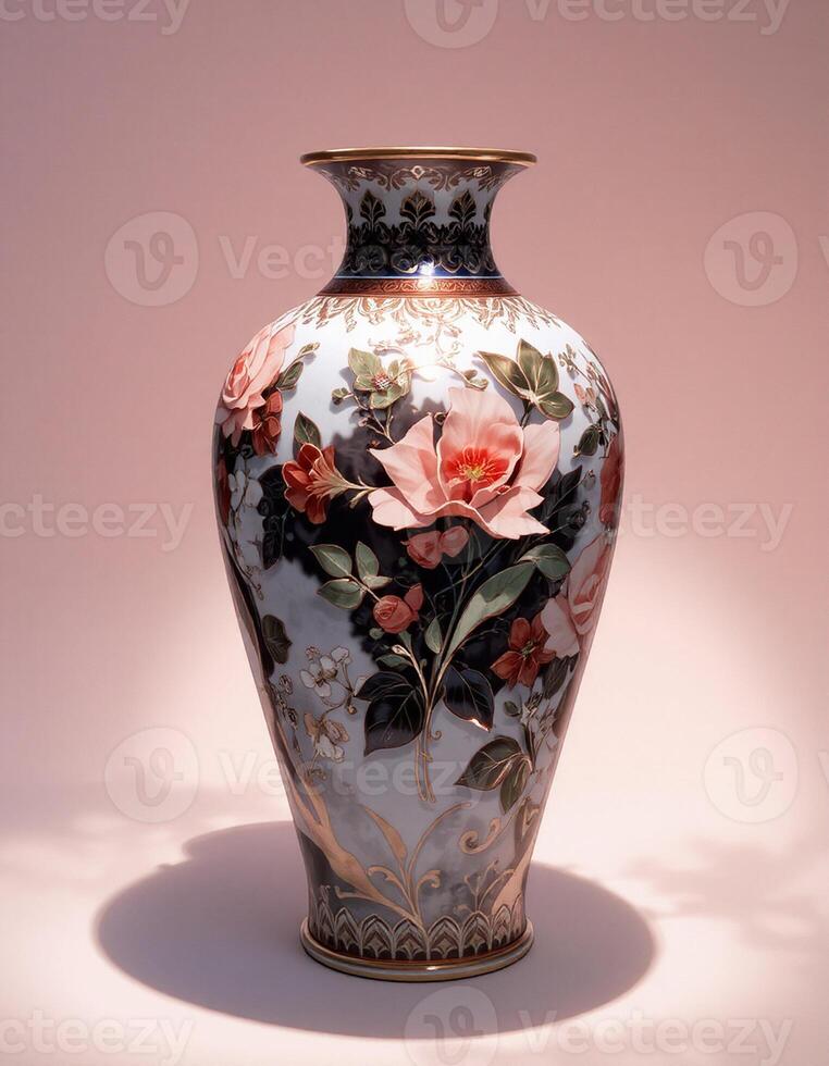 A vase with flowers on it is sitting on a table photo