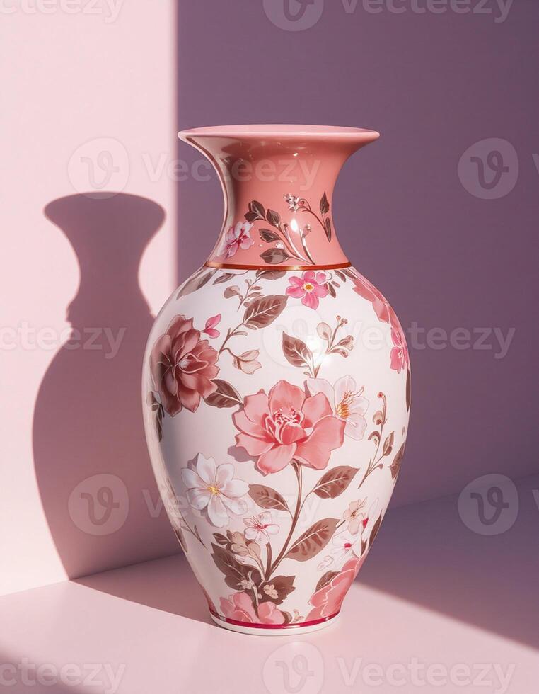 A pink and white vase with a flower pattern photo