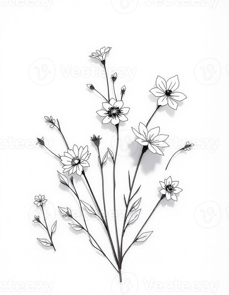 A black and white drawing of flowers on a wall photo