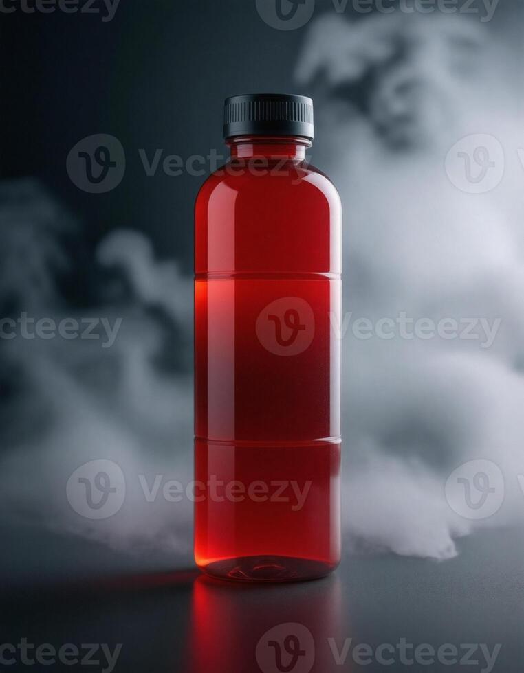A red liquid bottle with smoke coming out of it photo