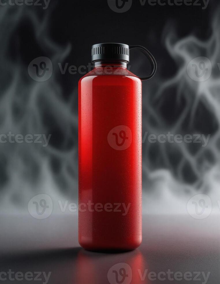 Red water bottle with smoke in the background photo