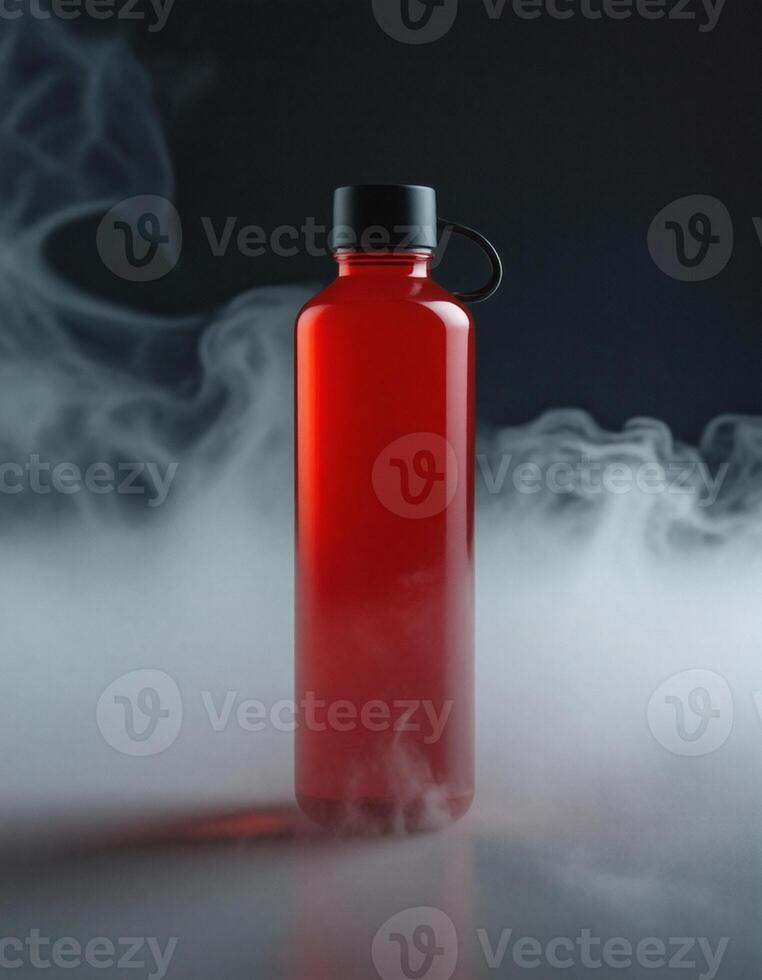 A red plastic water bottle with smoke coming out of it photo
