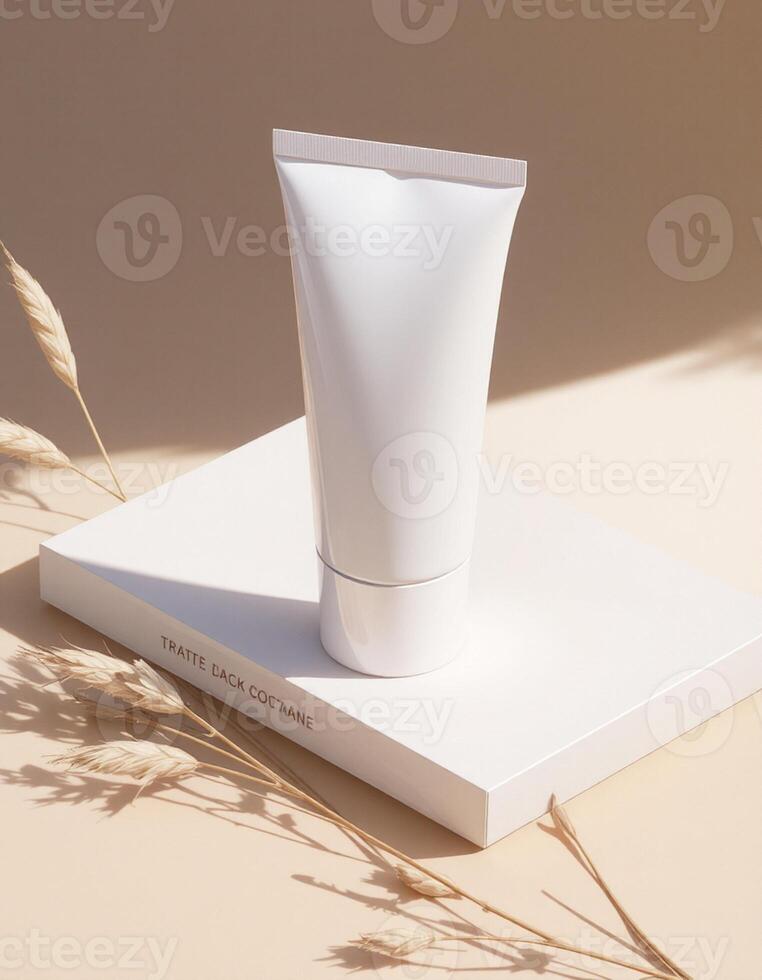 A tube of cream sitting on a book with some dry grass photo