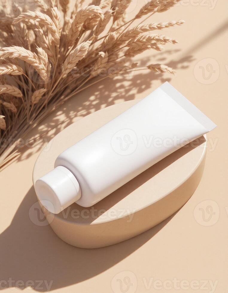 A tube of cream on a table with some wheat photo