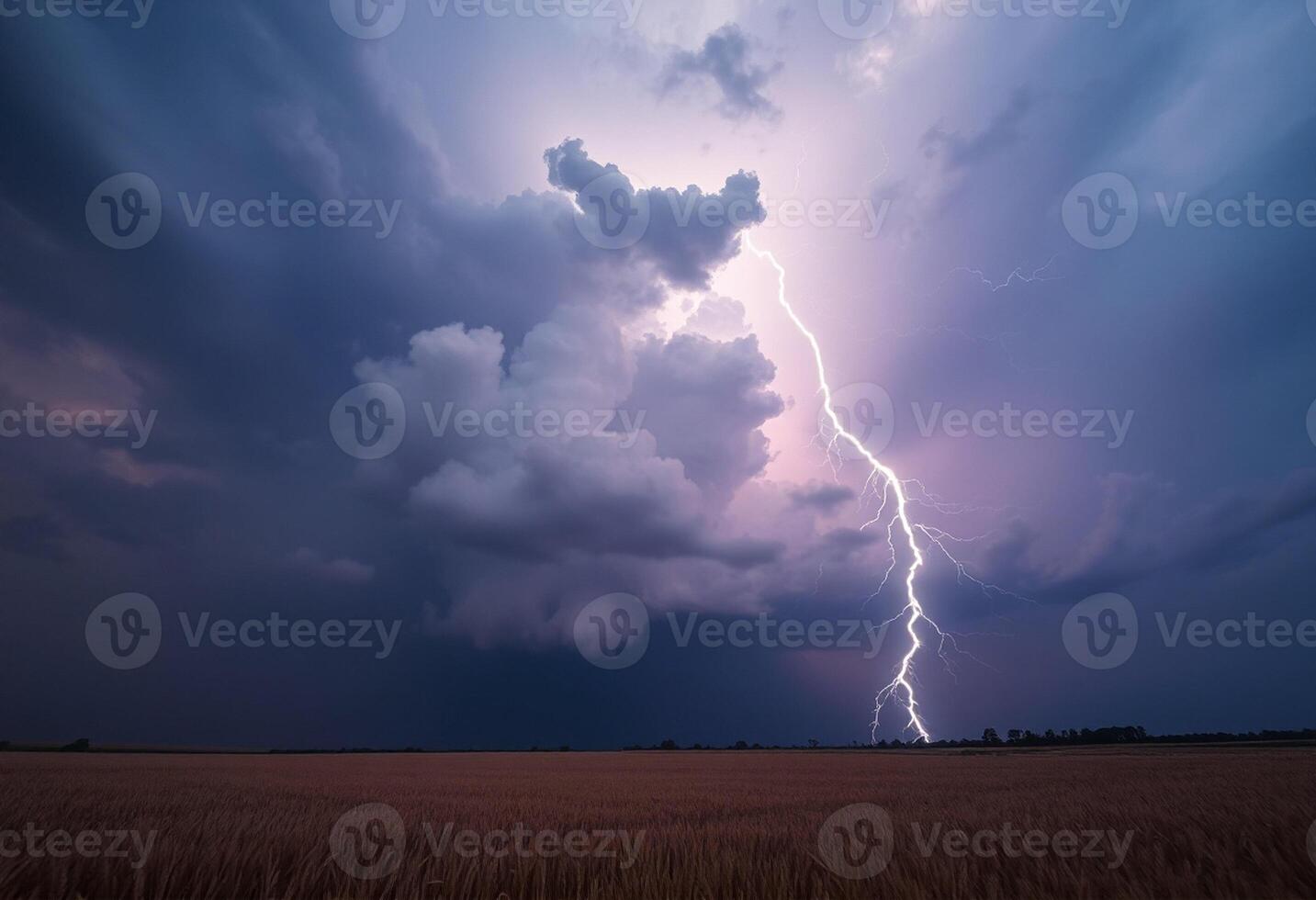 A lightning bolt strikes through the clouds in a field photo