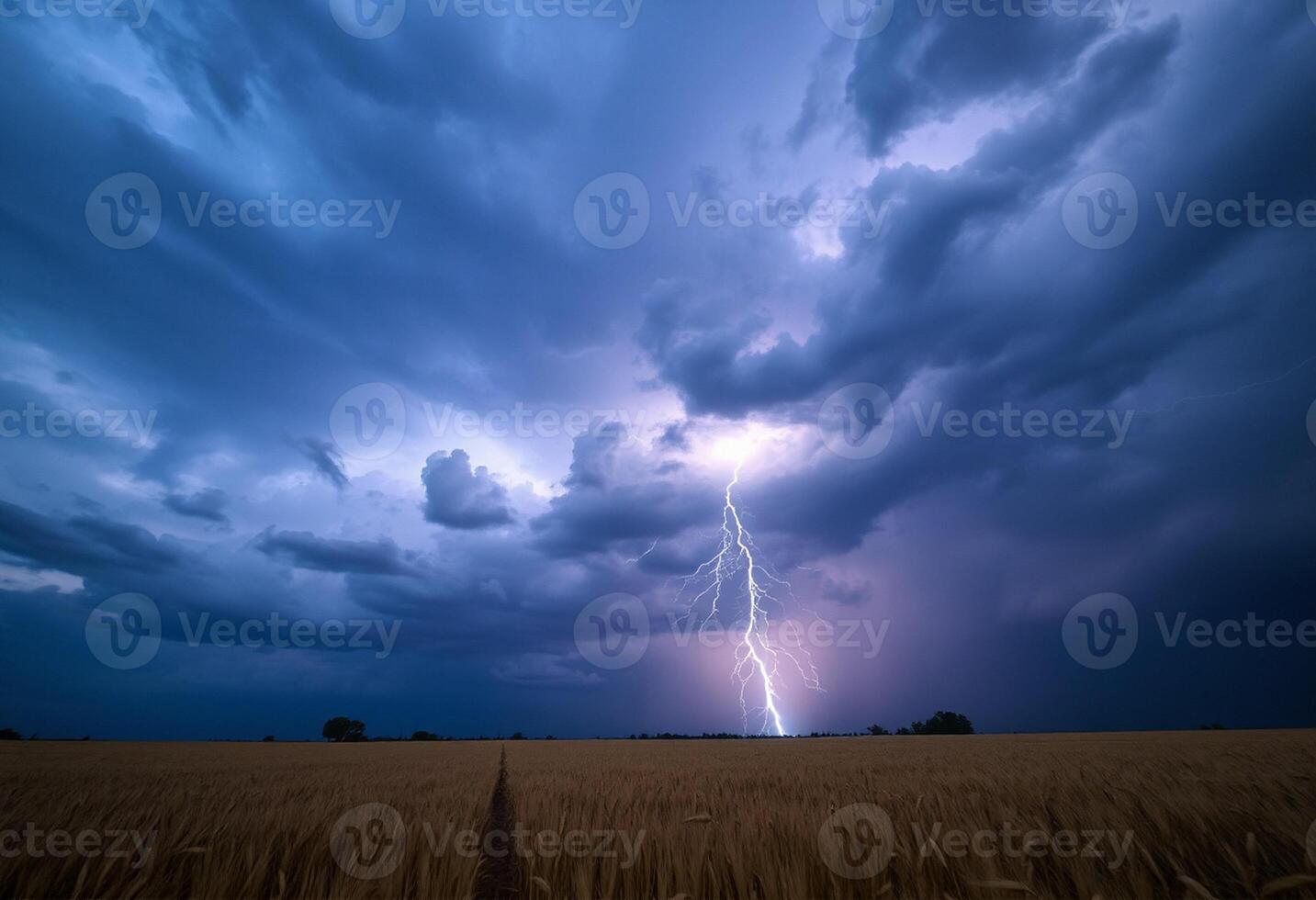A lightning bolt strikes through the sky over a field photo