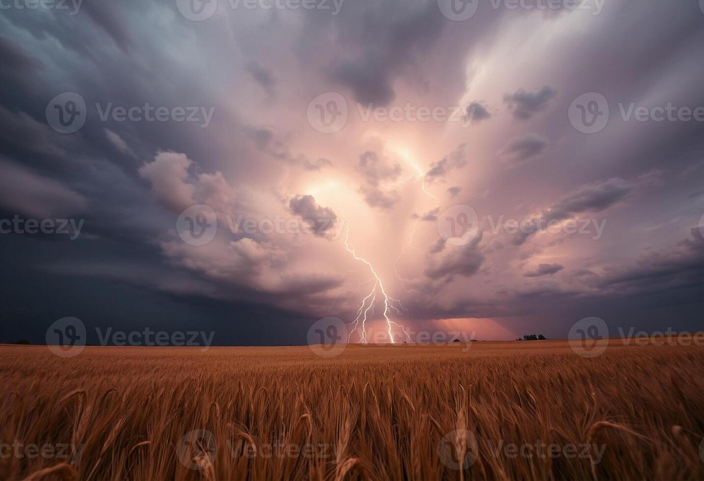 A lightning bolt strikes through a cloud over a field photo