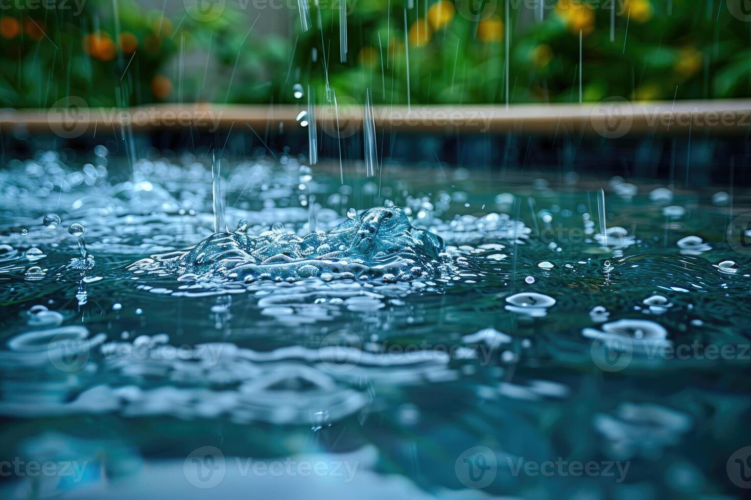 Close-up view of rain splashing into a pool of water. photo
