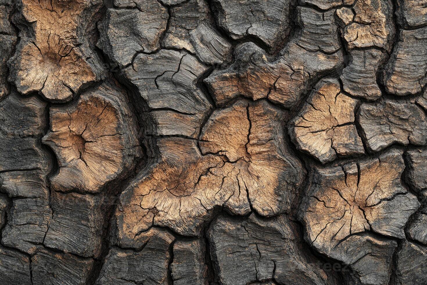 Close-up view of charred tree bark texture. photo