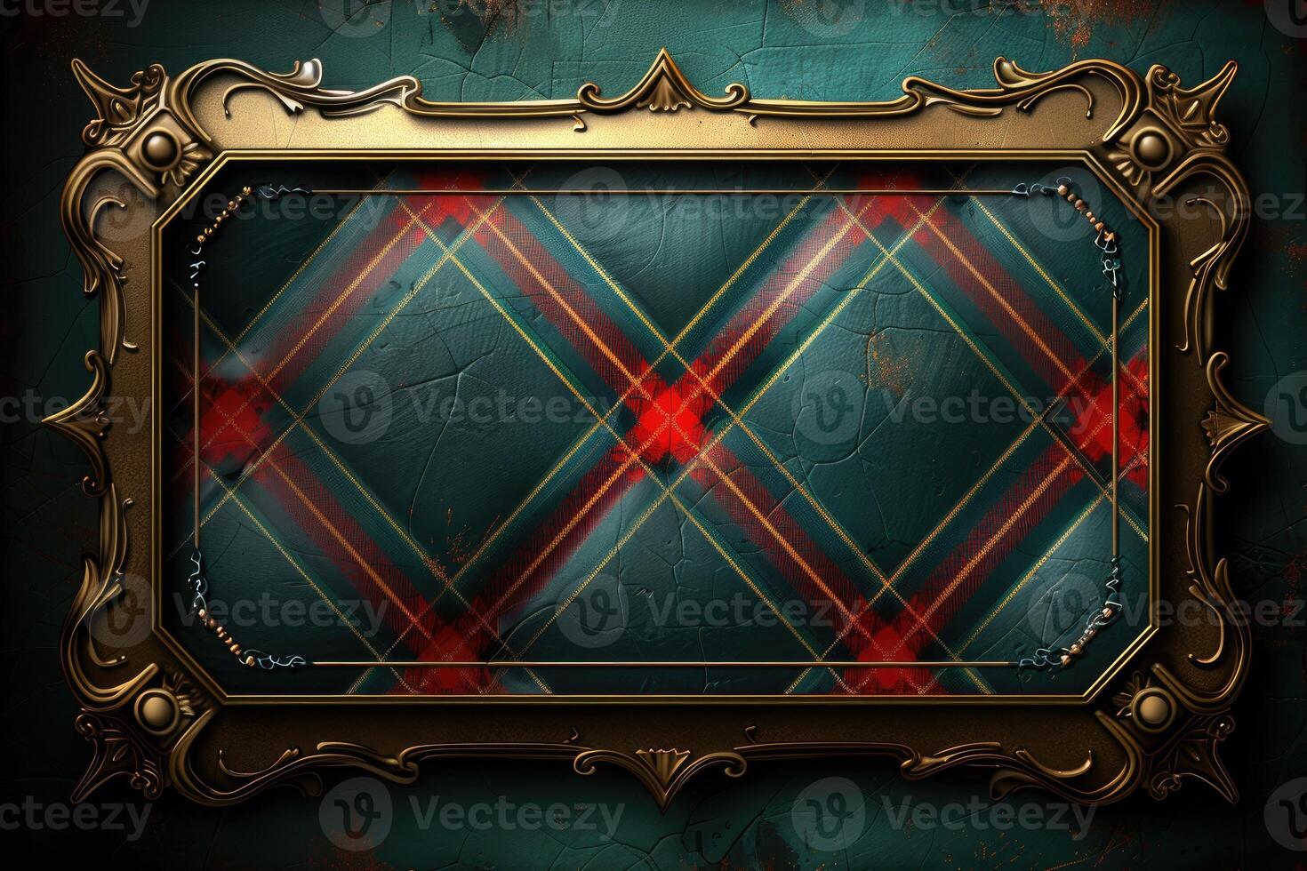 Ornate gold frame showcasing a teal and red tartan design. photo