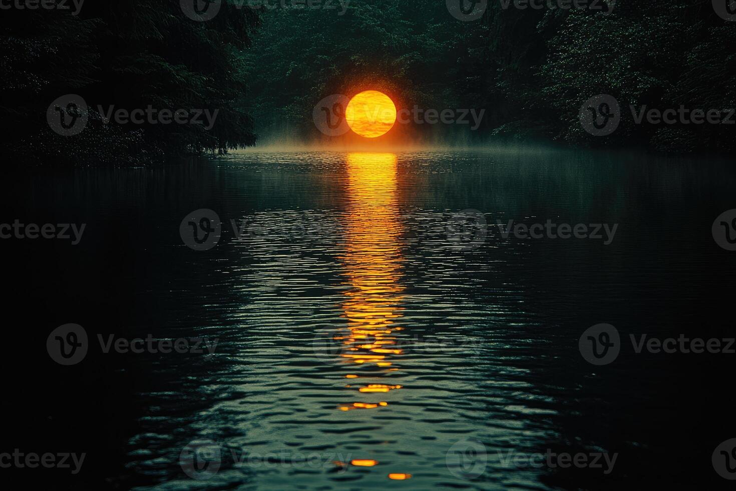 A large, orange orb floats over a tranquil river. photo