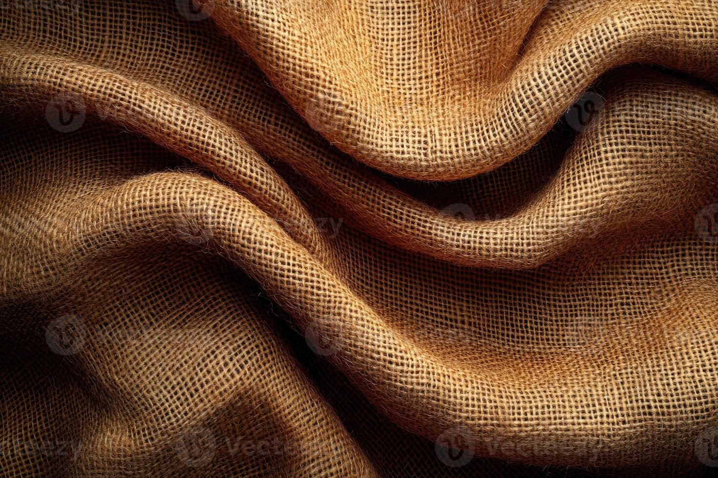 Detailed close-up view of a textured natural burlap fabric. photo