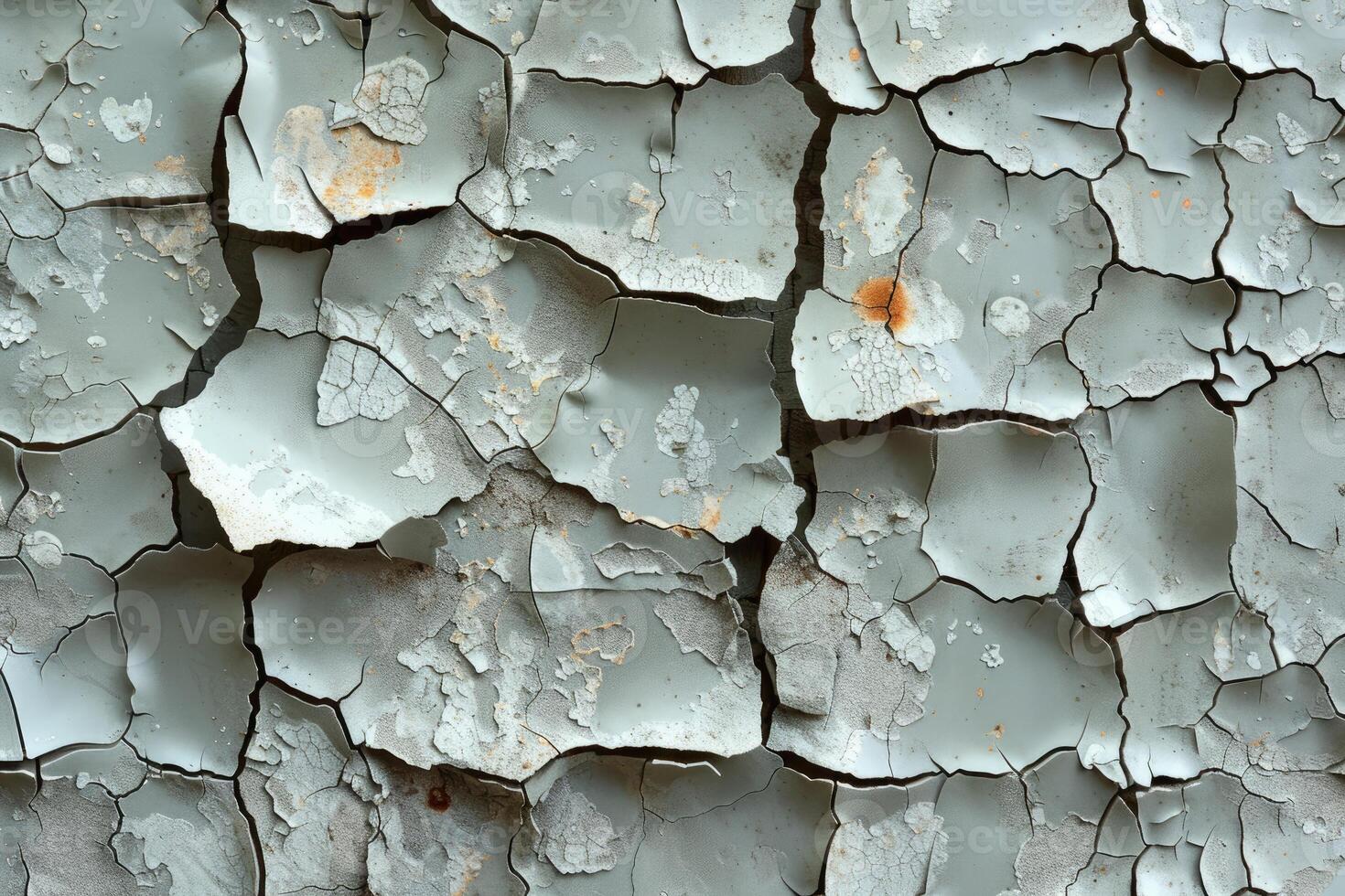 Close-up view of cracked and weathered light gray paint. photo