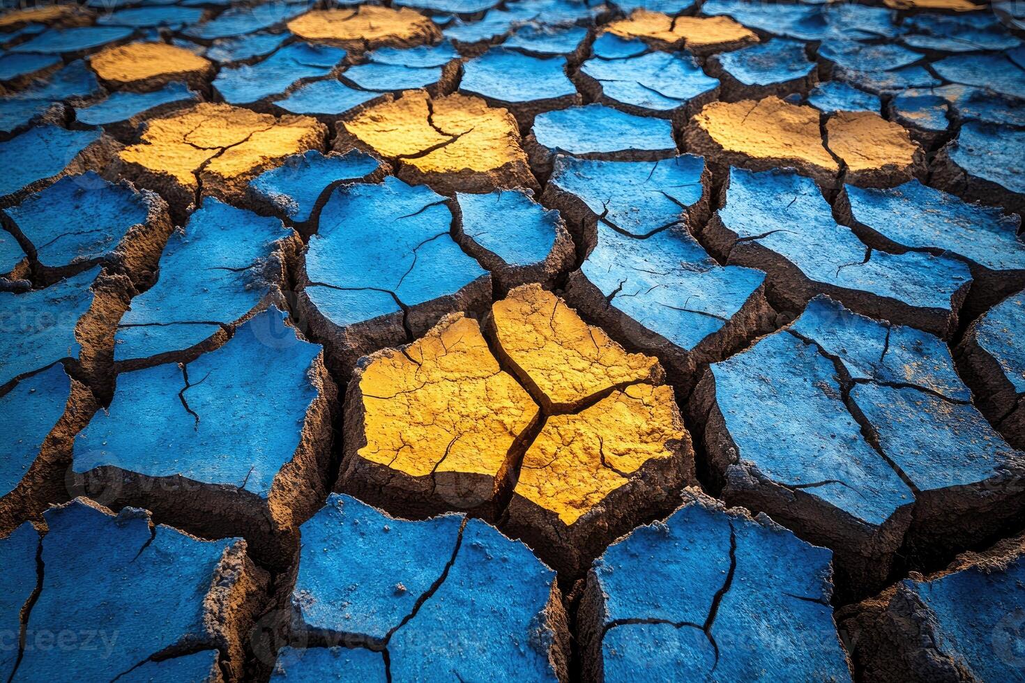 Close-up view of cracked earth, painted in shades of blue and gold. photo