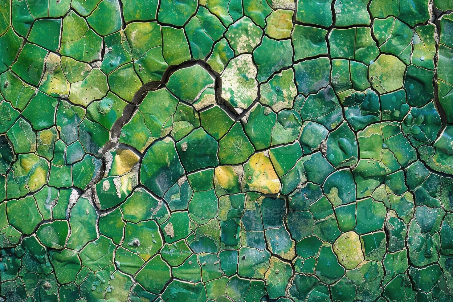 Intricate green mosaic surface with deep cracks. photo