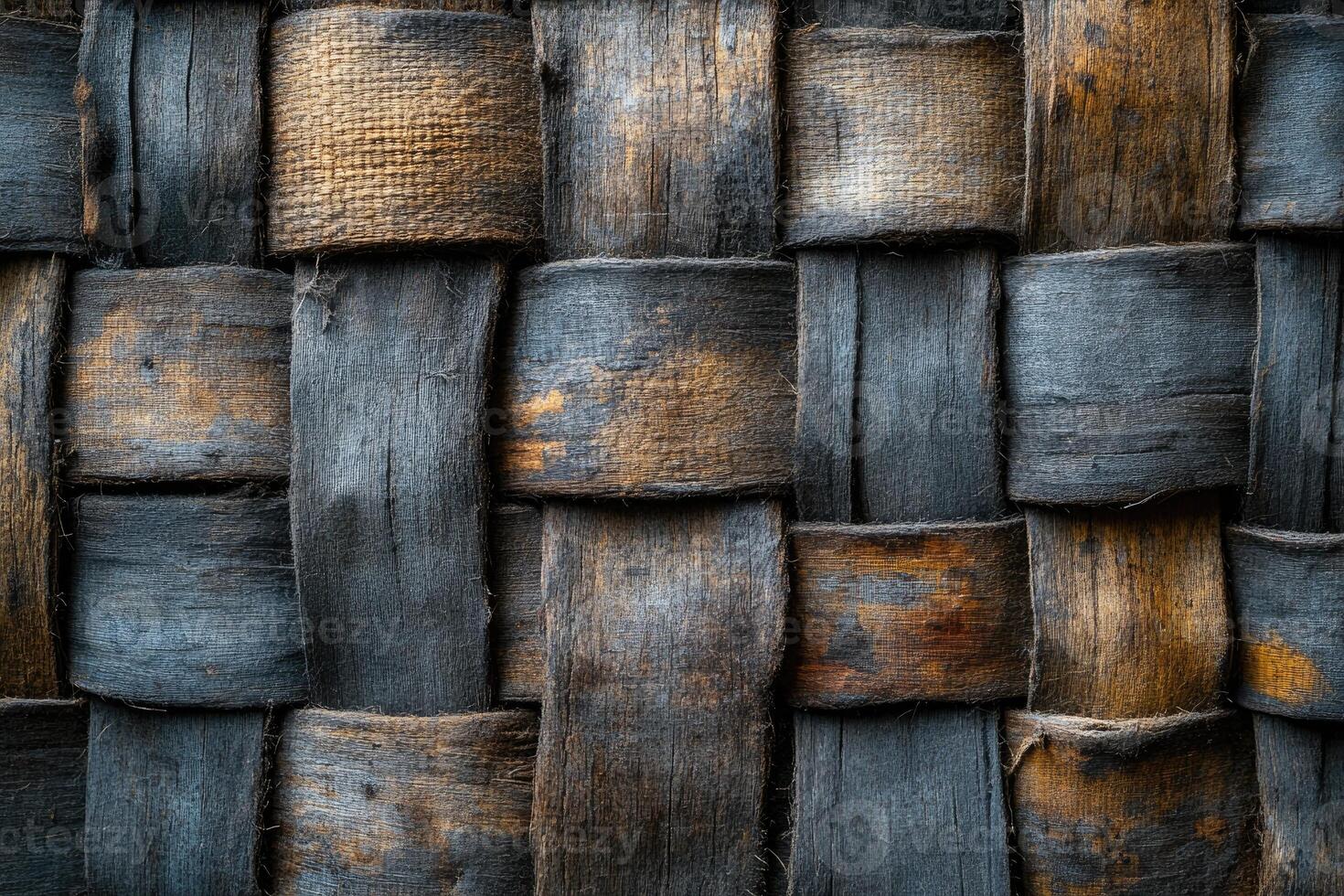 Close-up view of a weathered, woven basket texture. photo