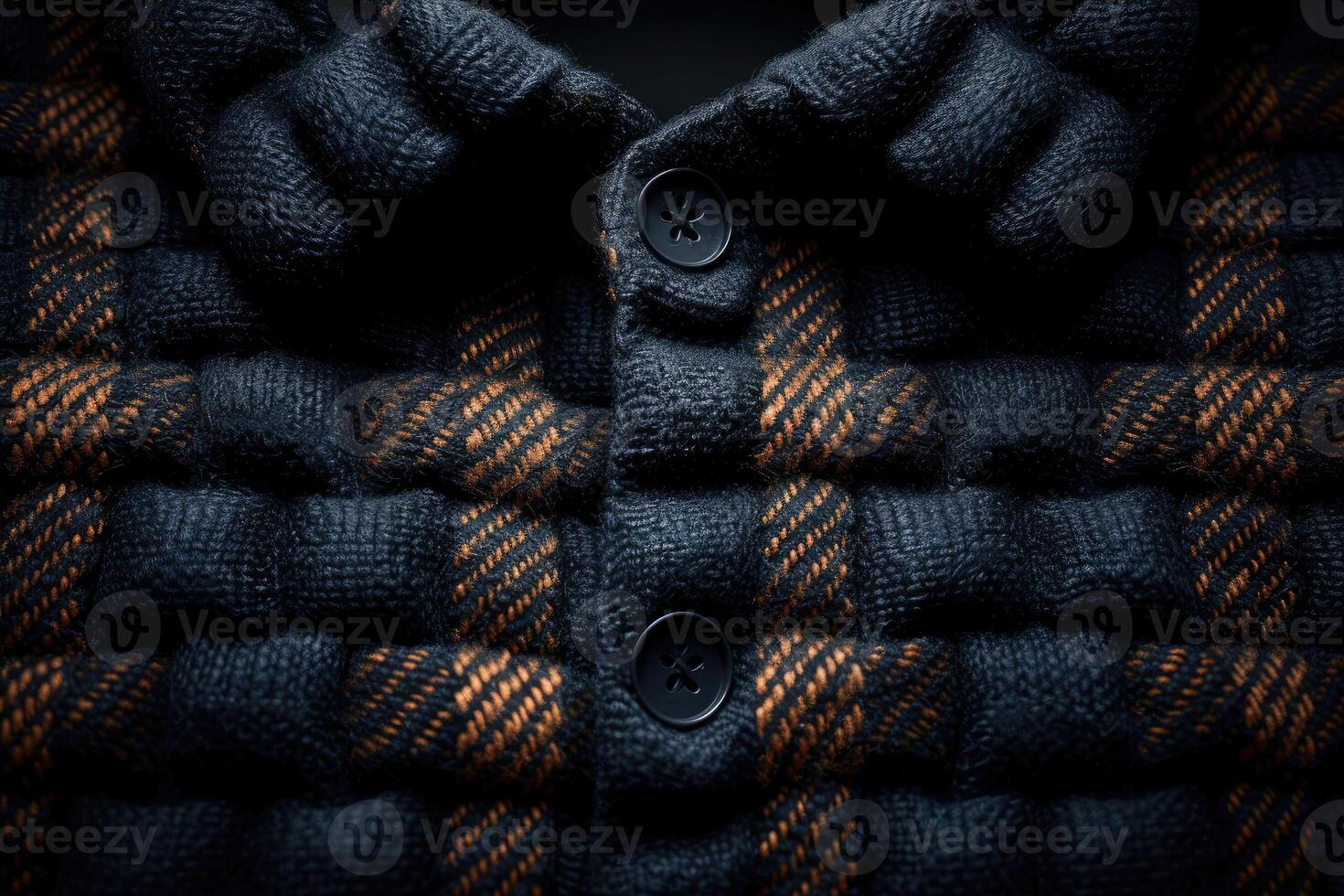 Close-up view of a dark plaid button-down jacket. photo
