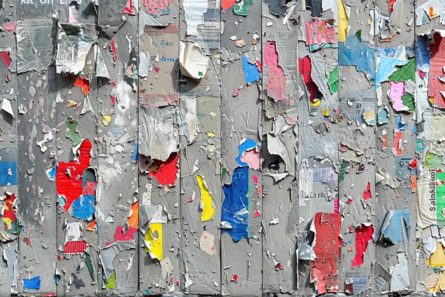 A weathered wooden surface covered in torn colorful posters. photo