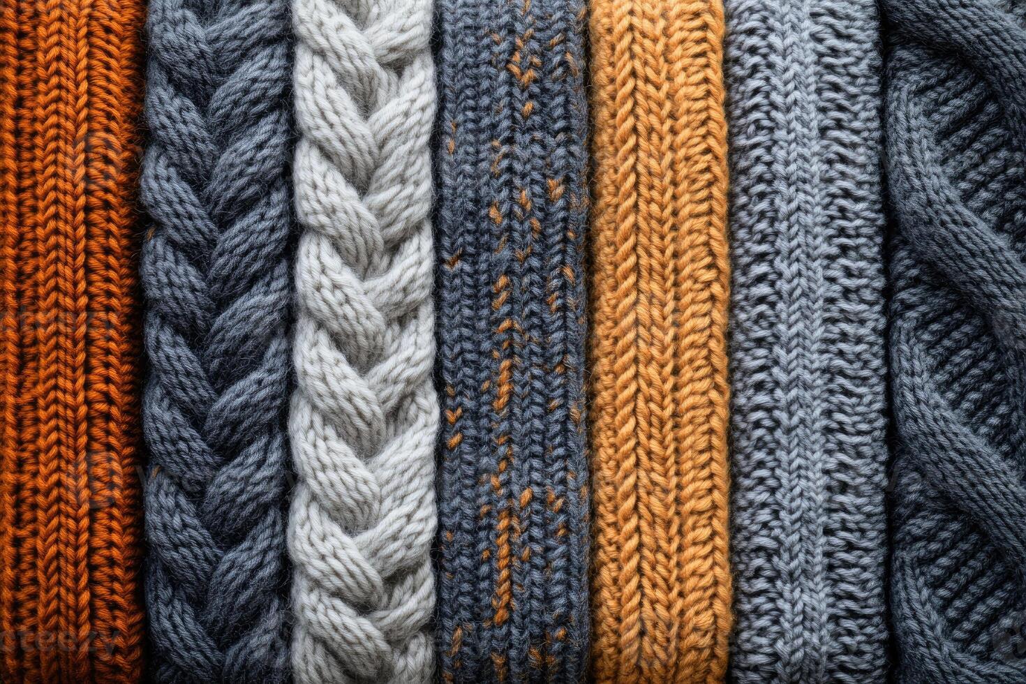 Vertical stack of various knitted fabrics in autumnal colors. photo