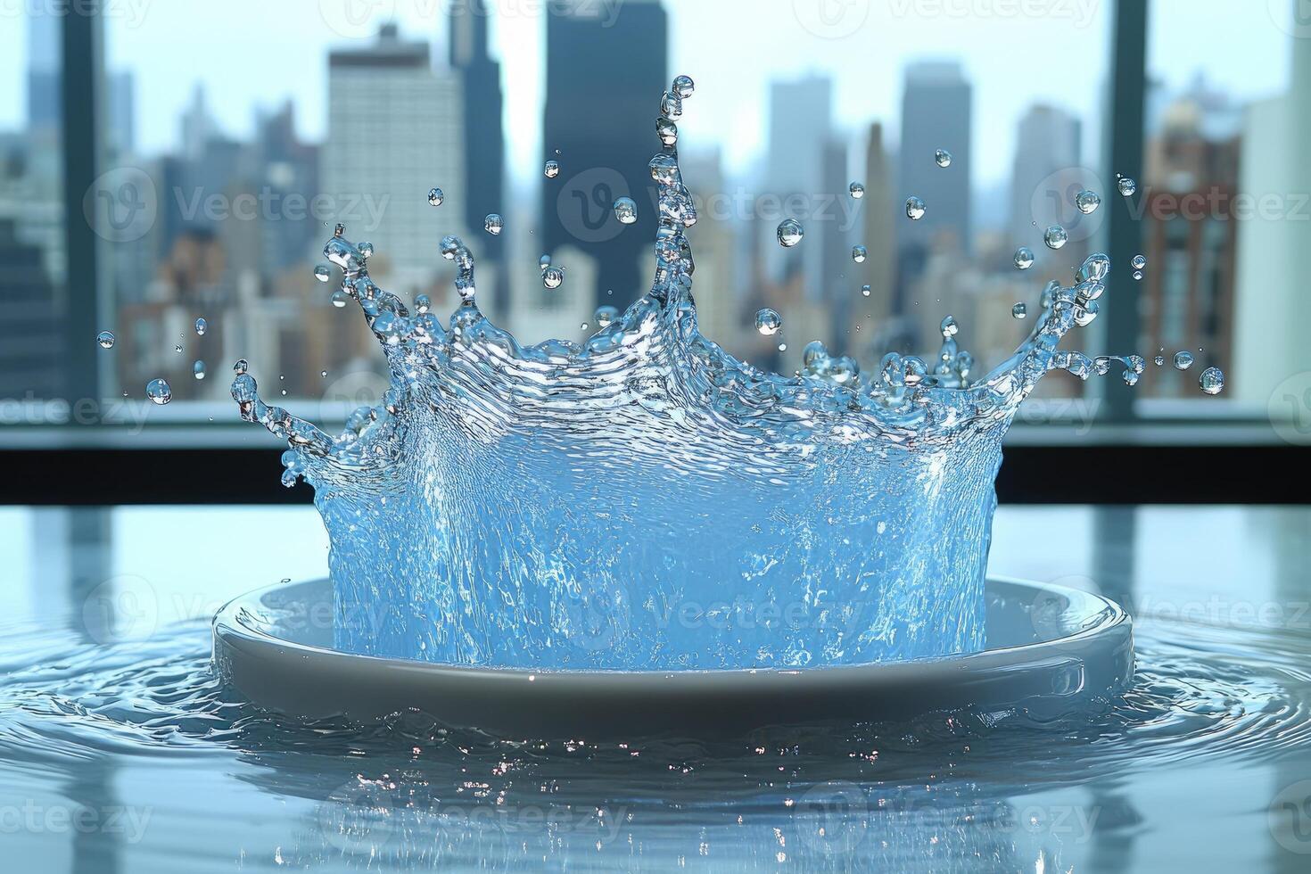 Urban cityscape view through a splash of liquid water. photo