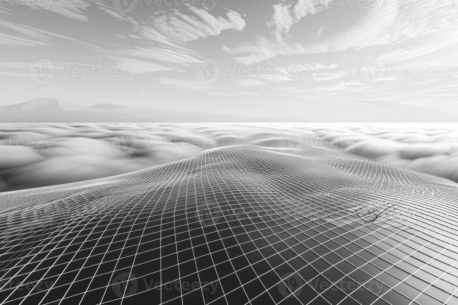 Abstract grayscale image of a gridded landscape above clouds. photo