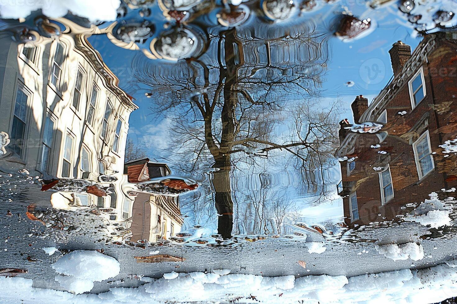 Winter city scene reflected in a puddle. photo