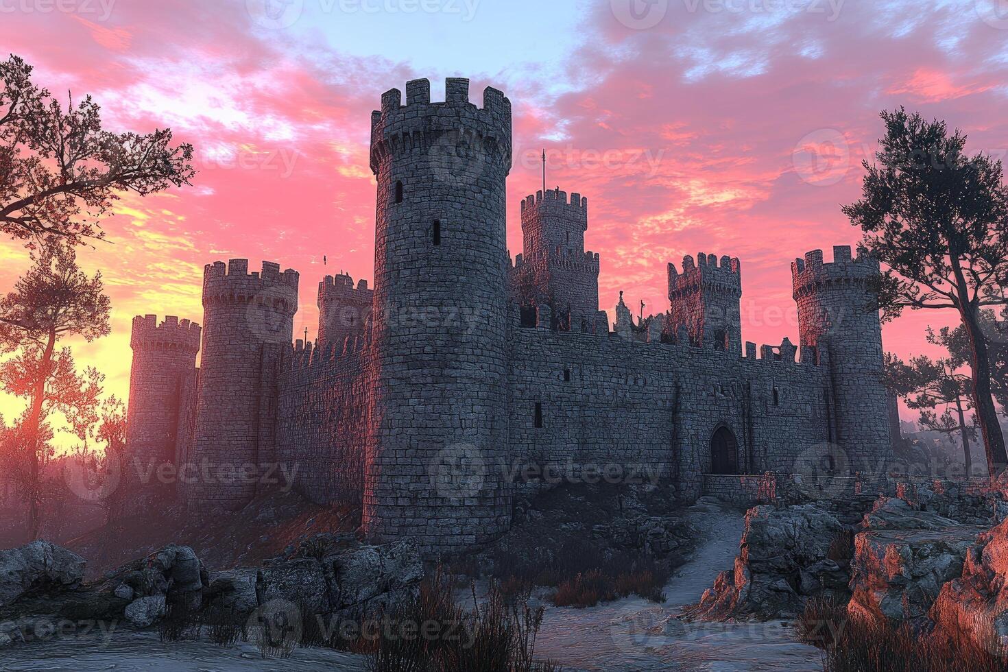 Majestic stone castle at vibrant sunset over a landscape. photo