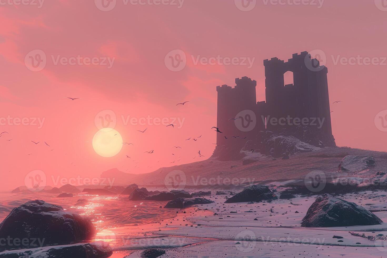 A dramatic coastal scene with a reddish sunset. photo