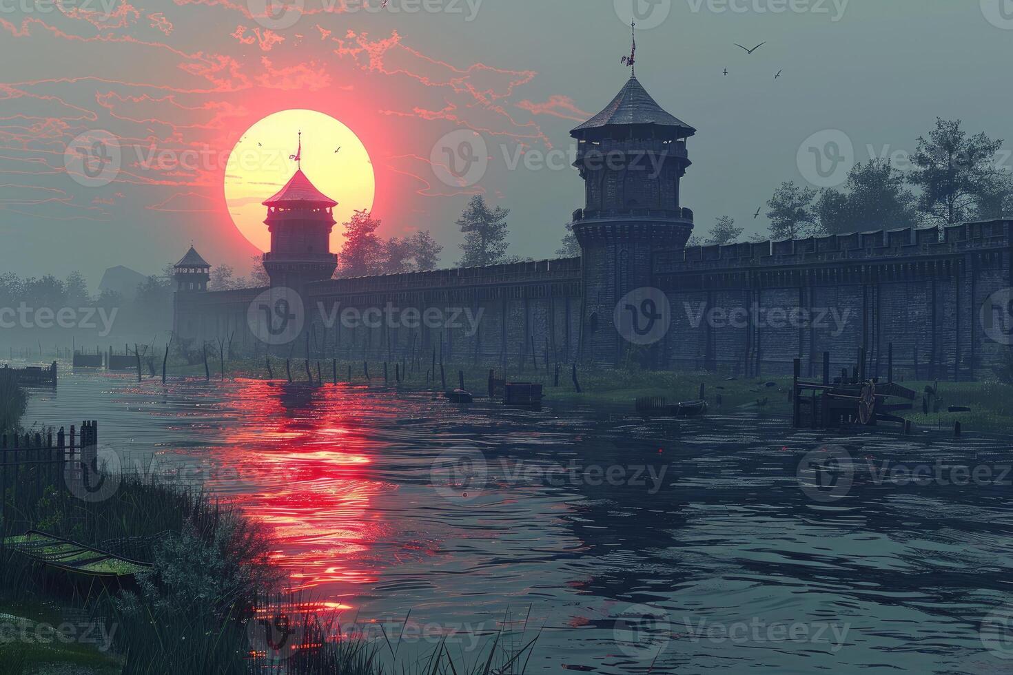 A medieval fortress walled settlement by a watercourse at sunset. photo