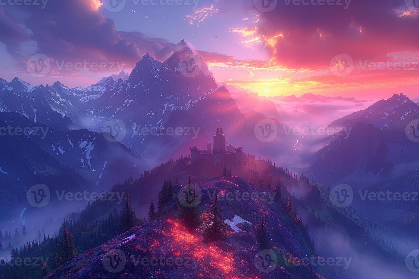 Majestic castle atop a mountain range at sunset. photo