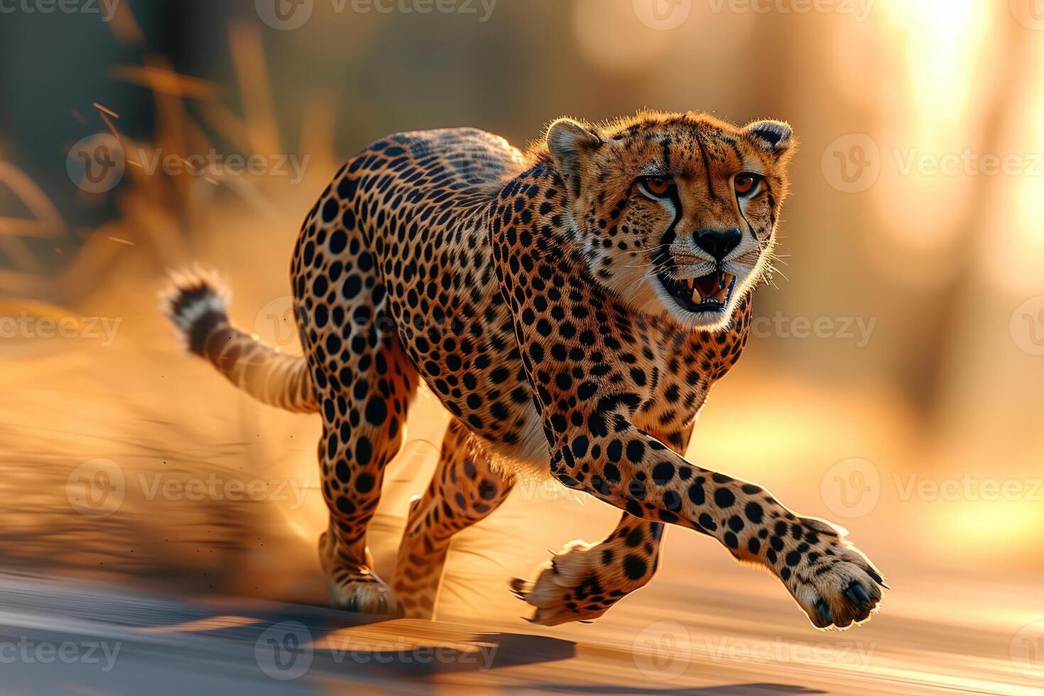Fast cheetah running through golden desert landscape. photo