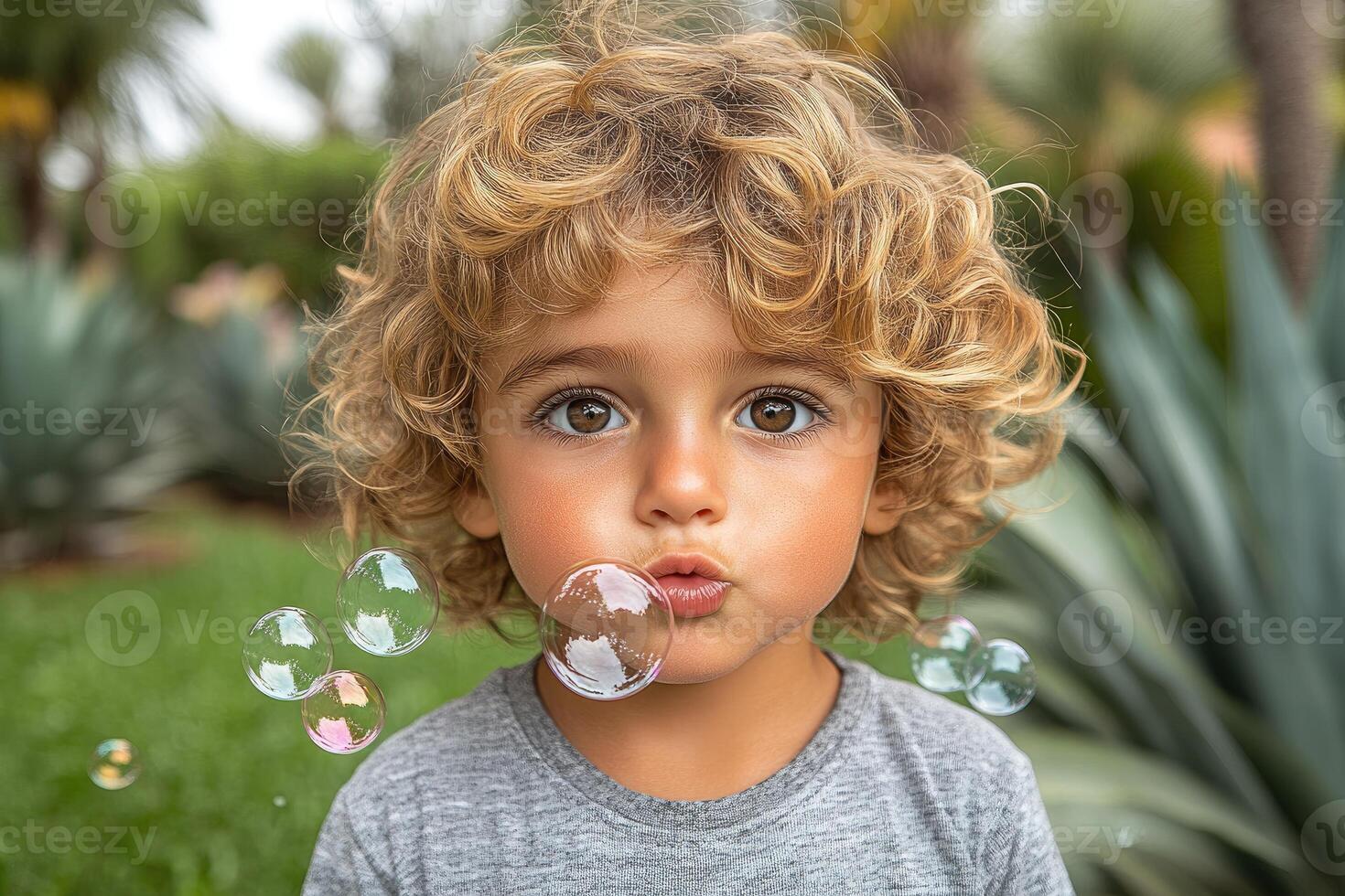 Close-up of a child blowing soap bubbles outdoors. photo
