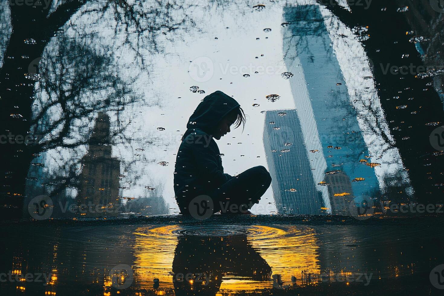 Silhouette of child reflecting in puddle, urban setting. photo