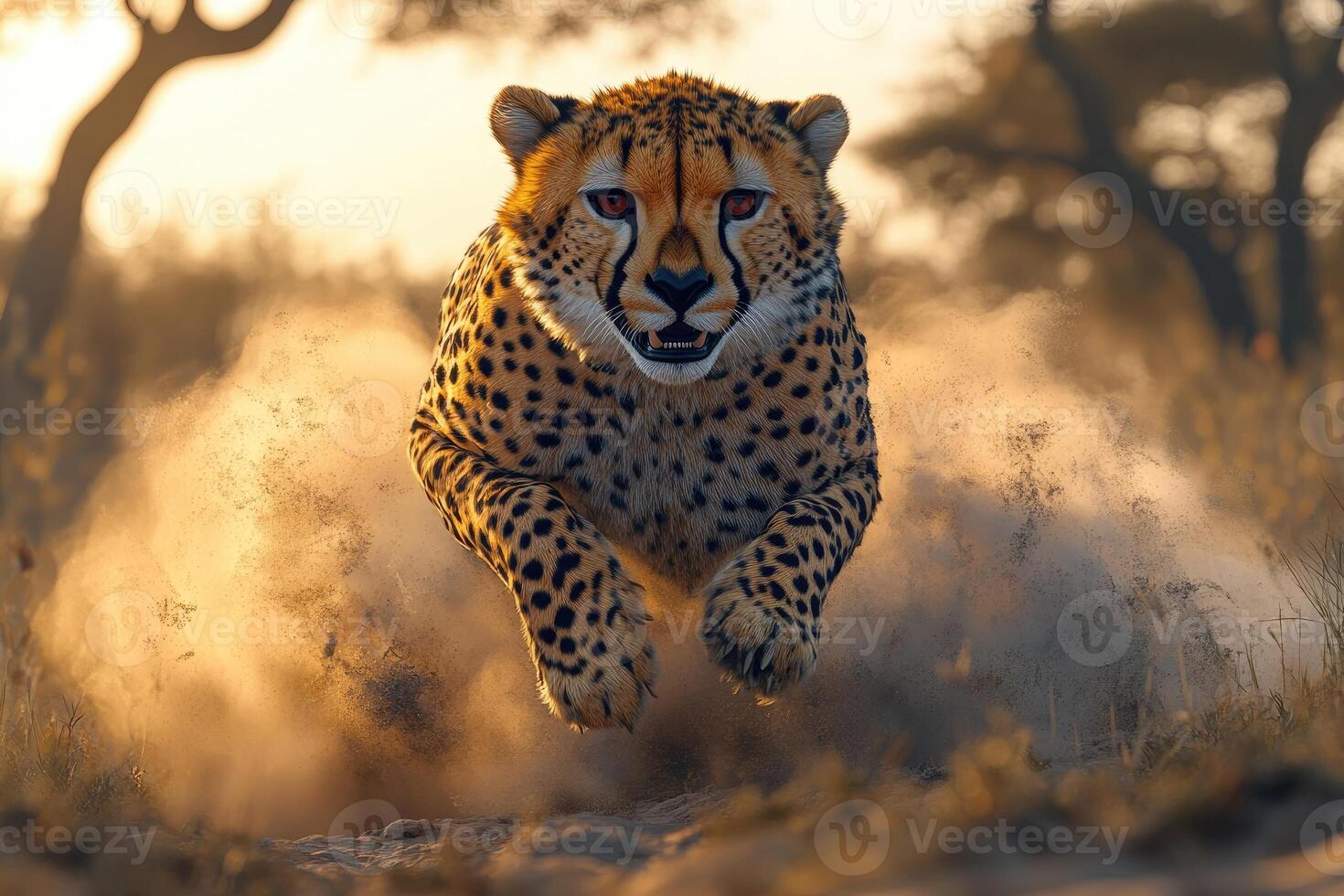 Powerful cheetah in motion through golden savanna dust. photo