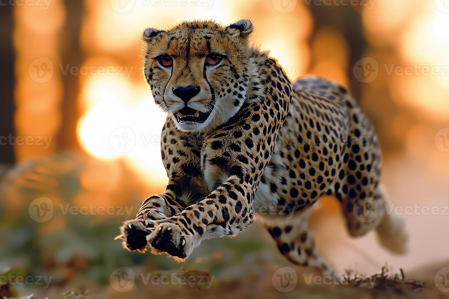 Fast cheetah in motion against a sunset backdrop. photo