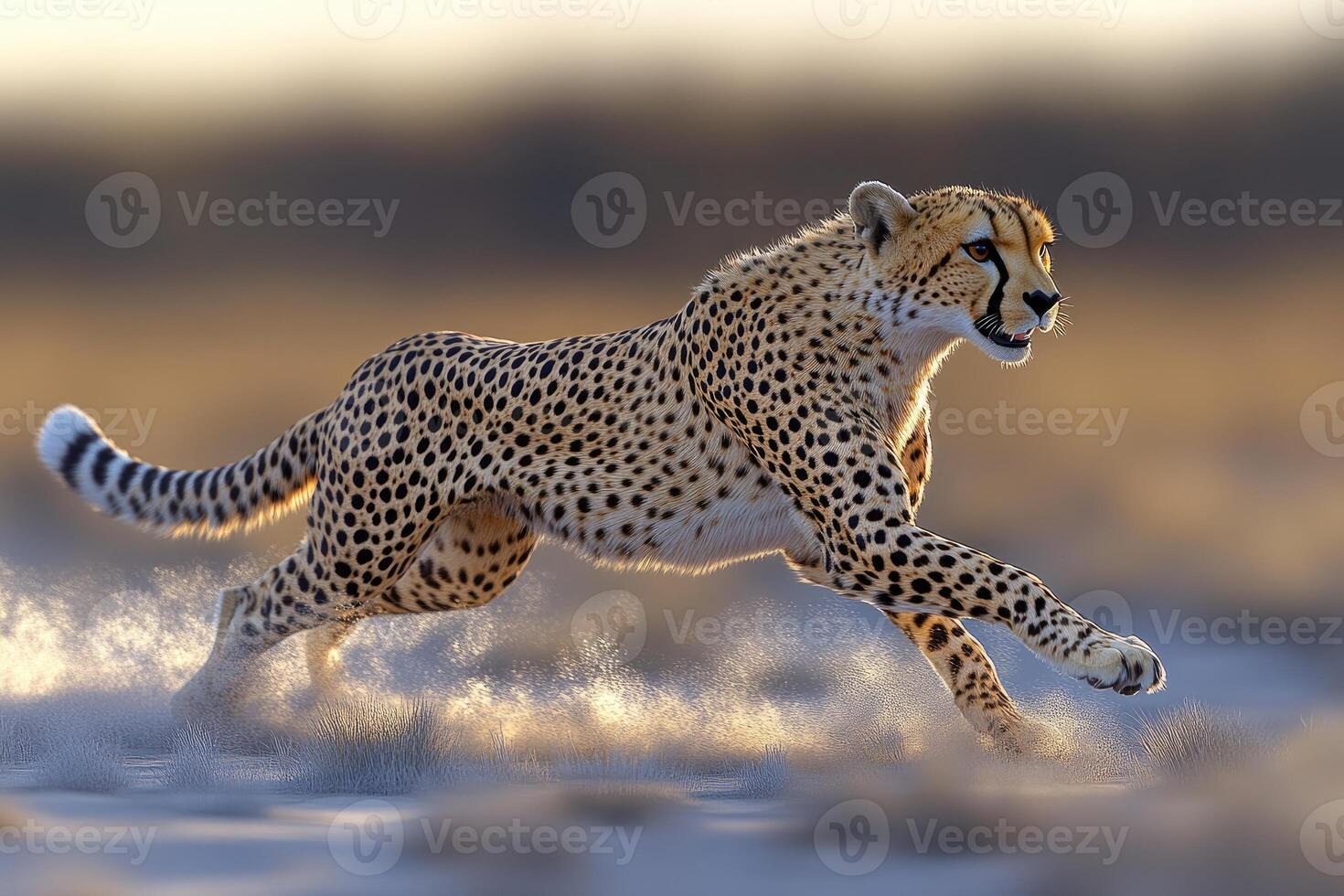 A fast cheetah running across the savanna at sunrise. photo