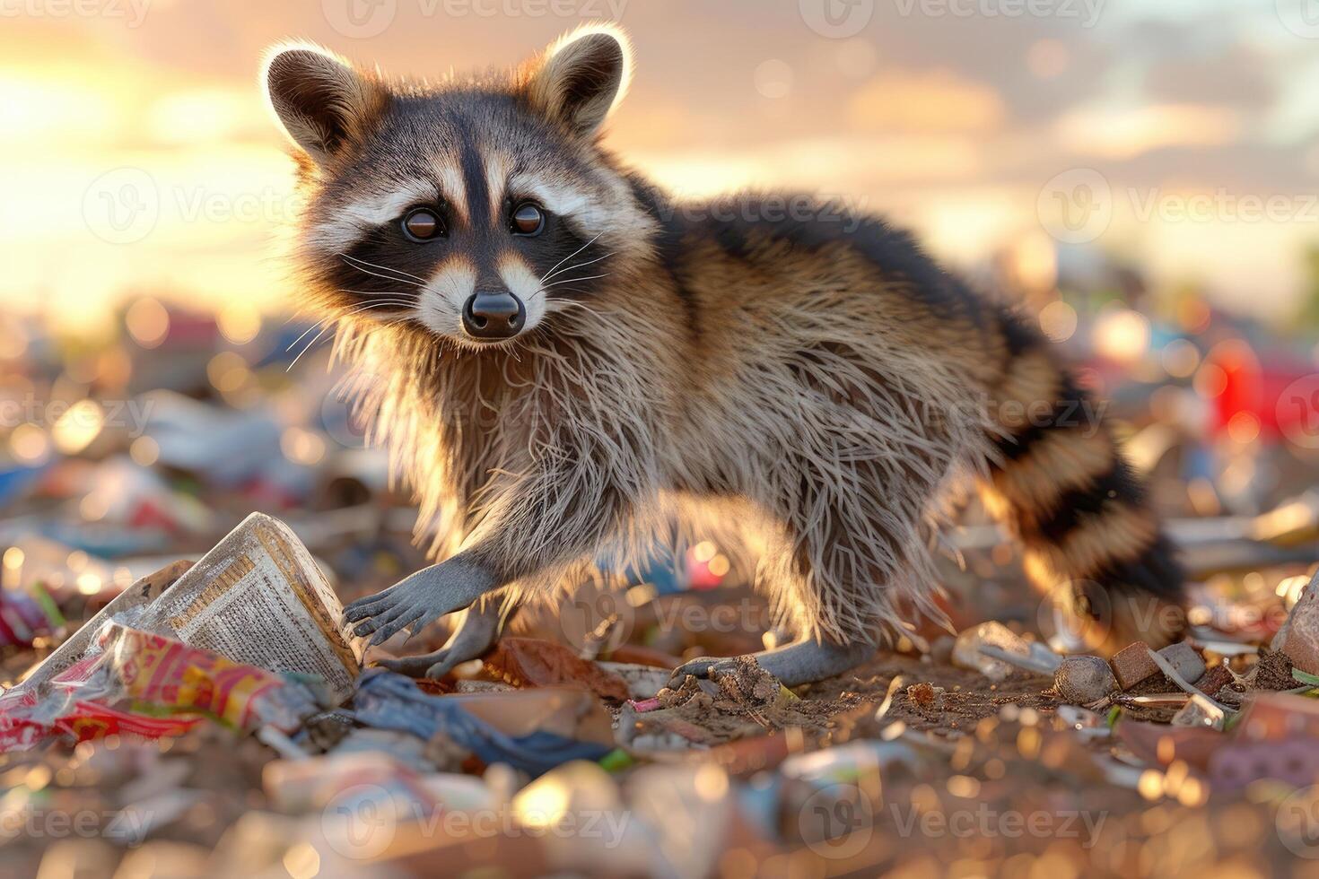 Wildlife creature surrounded by discarded trash. photo