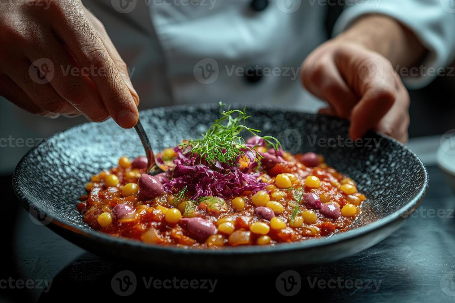 Close-up view of hands preparing a colorful bean dish. photo