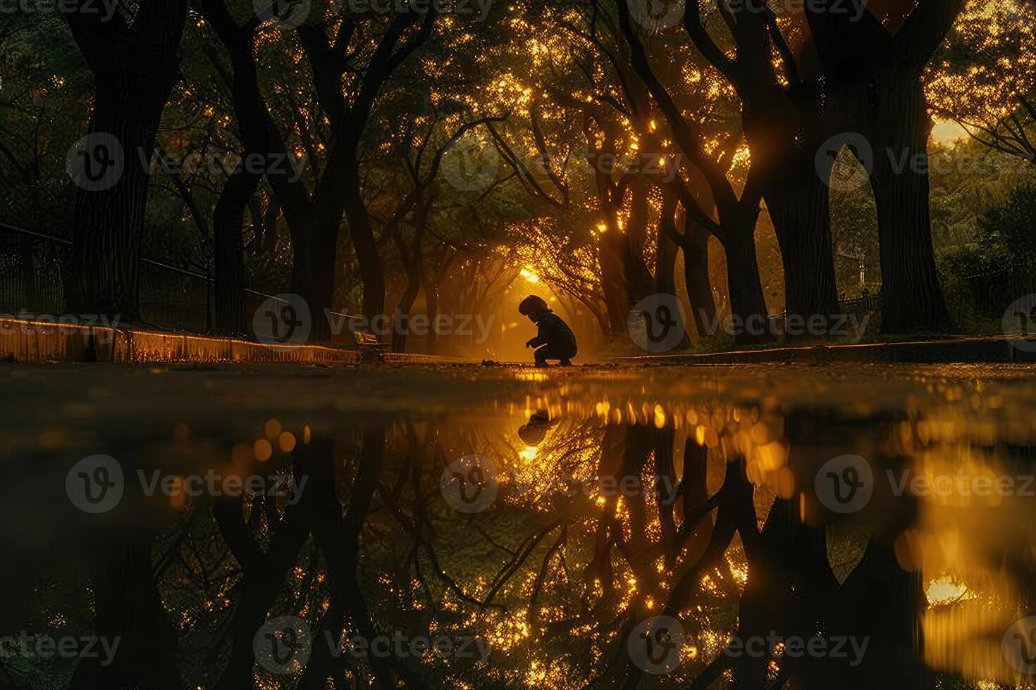 Golden hour silhouette of a person in a forest path reflecting in a puddle. photo