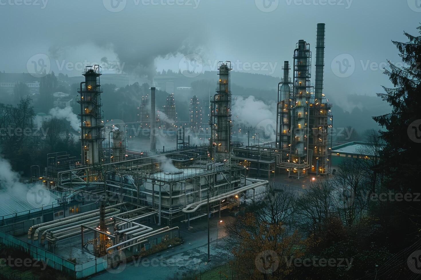 Industrial complex at twilight, surrounded by greenery. photo