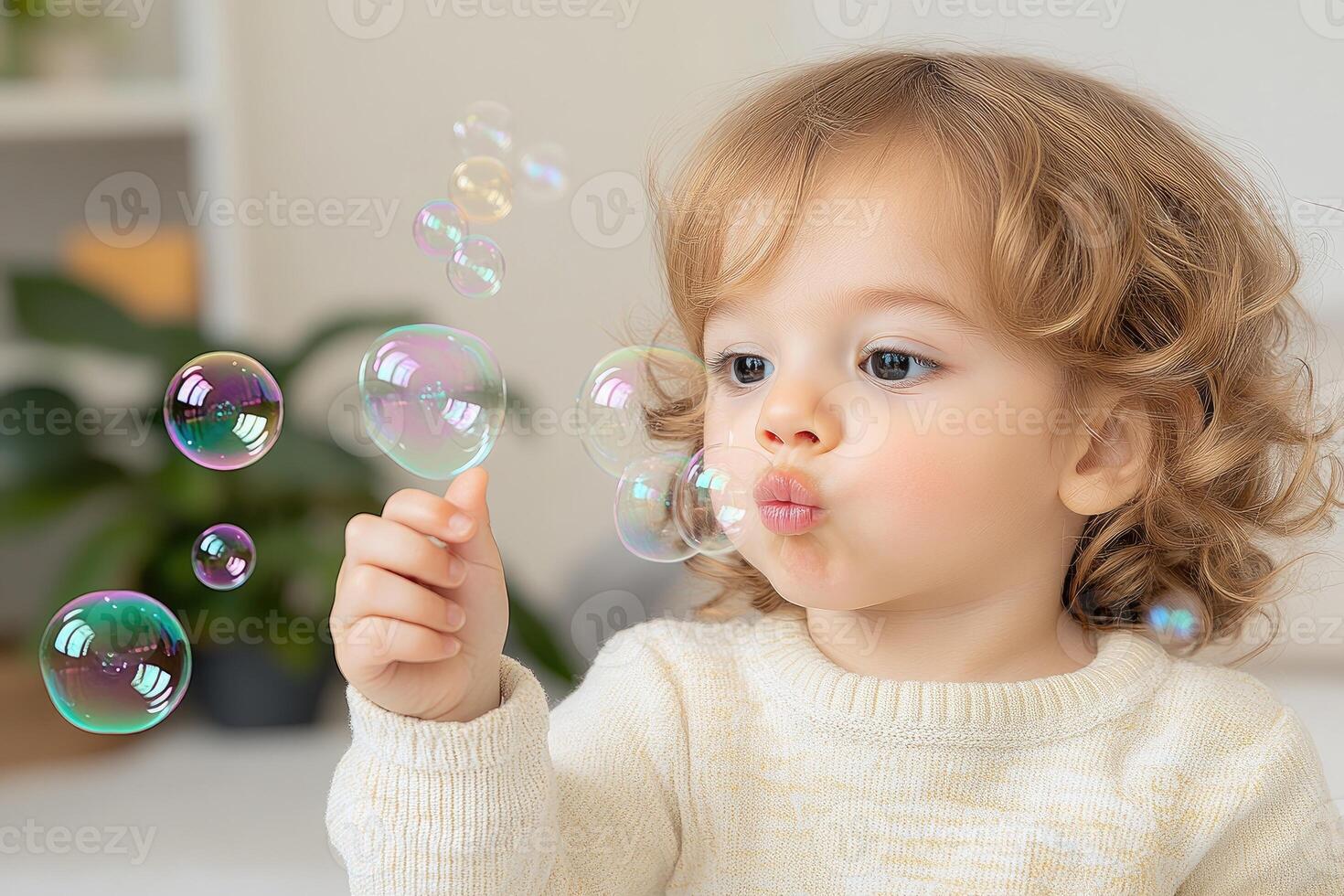 Joyful toddler playing with colorful bubbles indoors. photo