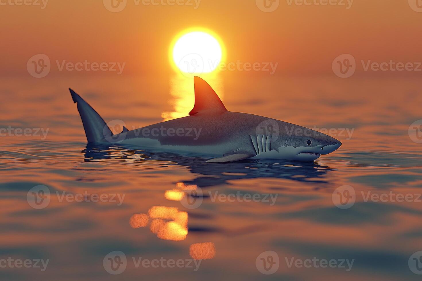 Dramatic sunset scene with a shark in tranquil water. photo